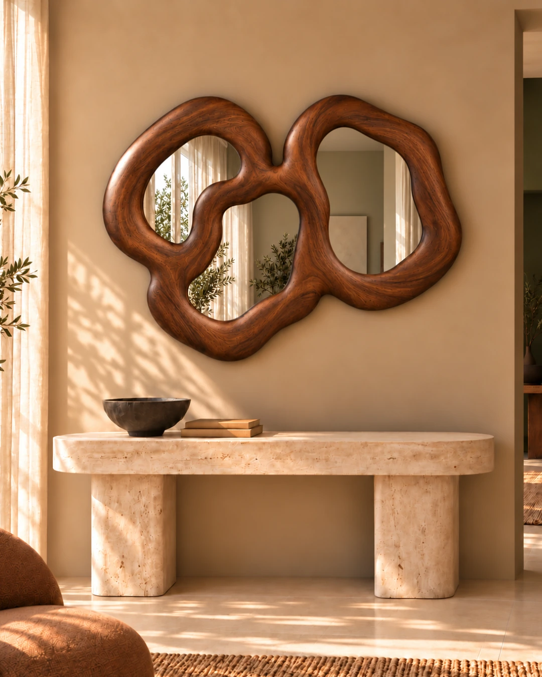 Espelho Reishi com contornos orgânicos sobre um aparador